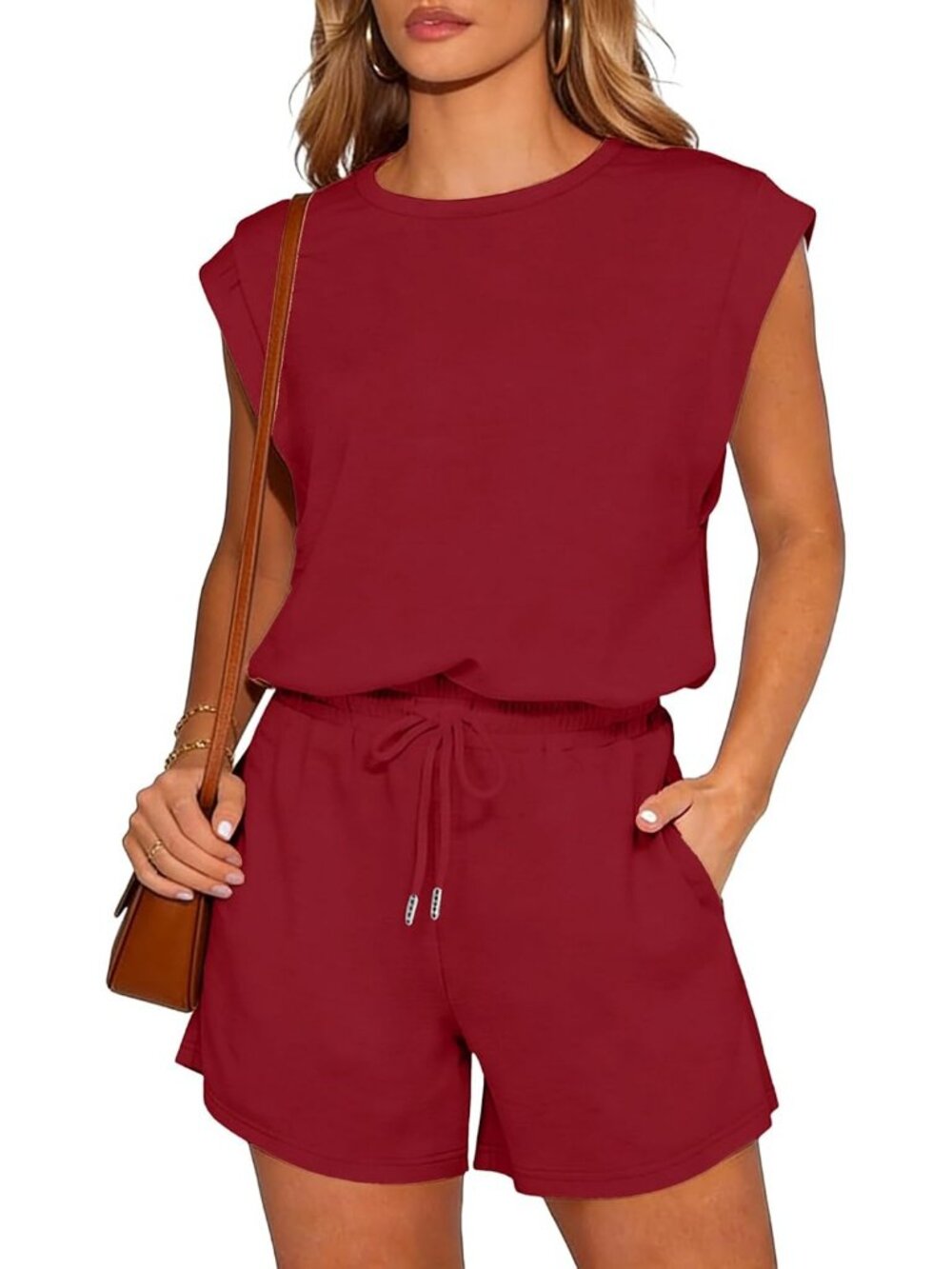 Women's Wine Red Summer Cap Sleeve Adjustable Drawstring Imported Petite Romper